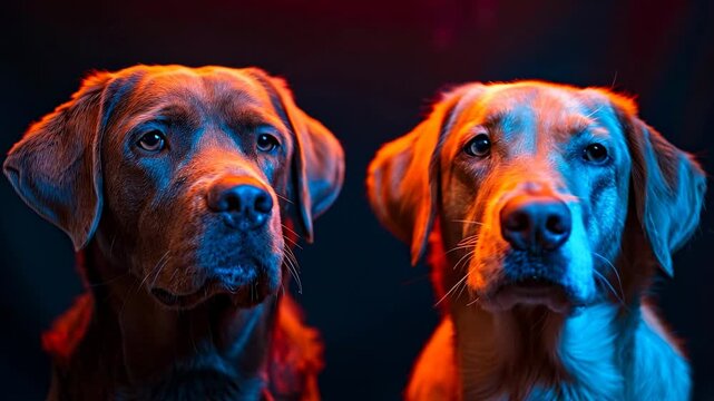 Two dogs pose for the camera. Two dogs sit side by side under bright lights in a studio. Their fur shines with different colors as they pose calmly.