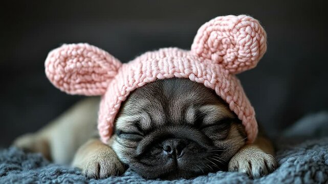 Puppy in a pink hat, sleeping. A small puppy is sleeping on a soft blanket with its eyes closed. It wears a pink knitted hat with ears.