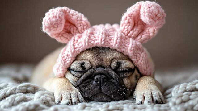 Sleeping pug puppy wearing pink knitted bunny ears hat. A newborn pug puppy sleeping face down on a gray knit blanket wearing a pink hat with ears