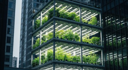Obraz premium Multi-level indoor vertical farming system showcasing lush green plants growing under artificial lighting in an urban agricultural setting