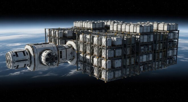 Orbital space station serving as a vast cargo warehouse and logistics hub orbiting Earth