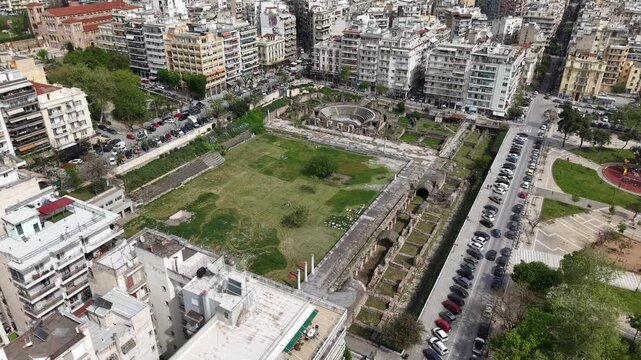 Aerial view of the Roman Forum archaeological site in Thessaloniki, Greece