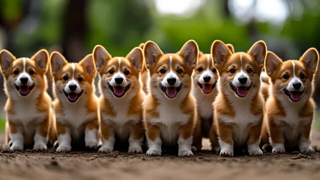 Group of seven corgi puppies walking in a row. Front view of seven welsh corgi puppies standing and walking on dirt path outdoors with blurred green forest background