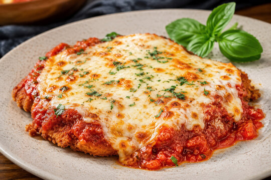 Chicken Parmesan or parmigiana. Italian dish, close up