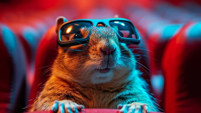 Close up of a groundhog wearing large black sunglasses. Low angle macro view of a rodent muzzle wearing 3d glasses under cinematic neon blue and red lights