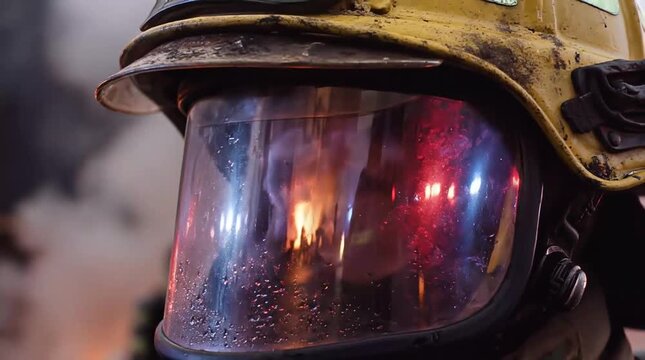 Firefighter wearing a protective helmet and visor reflected with bright flames during an emergency operation for news reports.