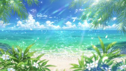 Obraz premium 青く輝く海と白い砂浜が広がる夏のトロピカルな風景、ヤシの木と南国の花々に囲まれたアニメスタイルの美しいビーチの背景イラスト
