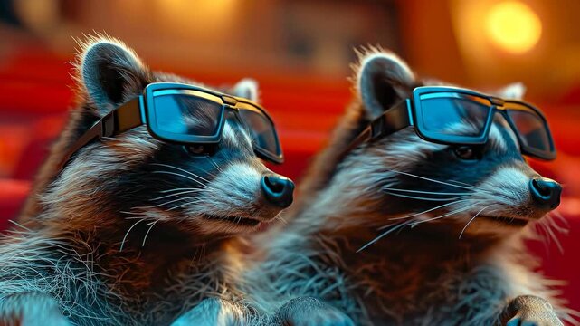 Two raccoons wearing 3D glasses inside a movie theater. Close up of two raccoons with black 3D glasses sitting in a cinema with red seats.