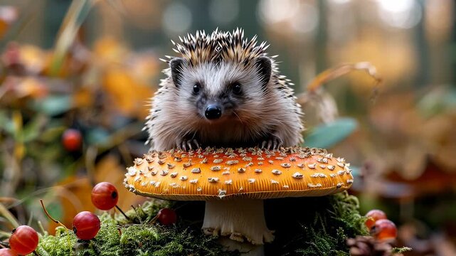 European hedgehog sitting on top of an orange amanita mushroom. A small hedgehog perched on a detailed orange mushroom with white spots in a mossy forest setting.
