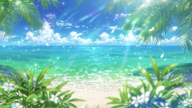 青く輝く海と白い砂浜が広がる夏のトロピカルな風景、ヤシの木と南国の花々に囲まれたアニメスタイルの美しいビーチの背景イラスト