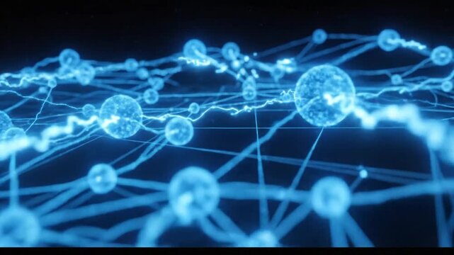 Abstract Network of Glowing Blue Spheres and Lines Representing Digital Connections and Data Flow.