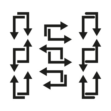 Collection of geometric bent arrow signs for direction vector. Ideal for modern UI design infographics and process flowcharts.