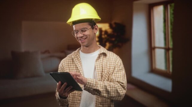 Man architect wearing hardhat taps tablet with hands, smiling and using touchscreen in building; planning focus.