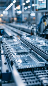 Focused medium shot of advanced thermoforming machinery crafting transparent recycled trays with blurred background conveyors and bright industrial lighting enhancing the clean