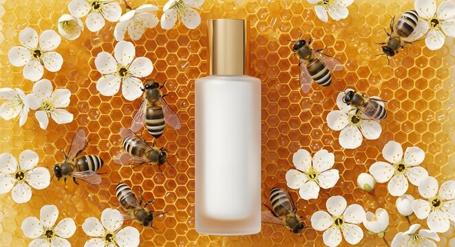 Cosmetic bottle with bees, honeycombs, and flowers