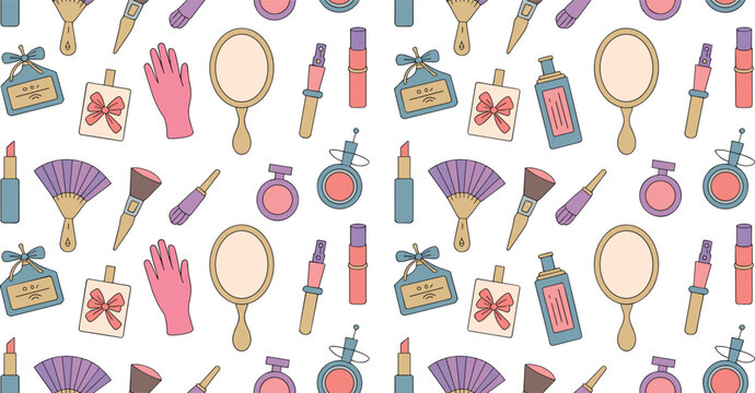 Seamless pattern background featuring colorful beauty and makeup elements like perfume bottles, lipstick, makeup brushes, mirrors, blush, and gloves