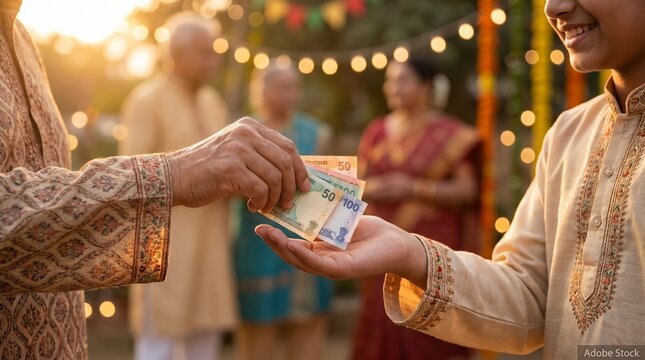 Close up of hands exchanging money as Eidi during festive celebration with family in traditional Indian attire, banking and financial gifting concept