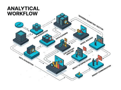 Analytical Workflow Isometric Infographic: Data Science Process from Acquisition to Insight Communication. Vector Illustration of Big Data Processing and Business Intelligence.