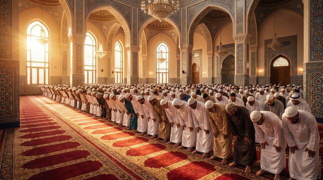 Muslim men performing Eid prayer in a grand mosque, bowing in congregation on red carpets with golden sunlight streaming through windows, religious devotion and community concept