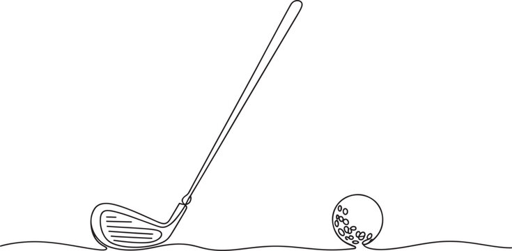 Continuous line drawing of a golf club and ball, one hand art vector design.