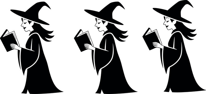 Set of black and white silhouette vector illustrations featuring a young witch wearing a pointy hat reading a spellbook