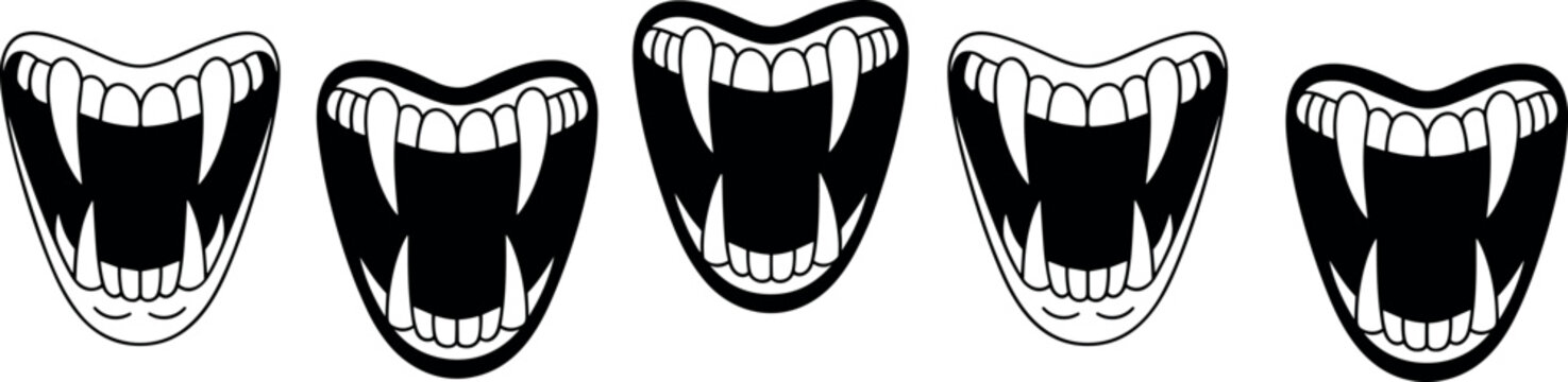Set of stylized monster mouths with sharp fangs and teeth isolated on white background for creative design projects