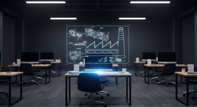 Futuristic holographic factory blueprint displayed on a digital interface in a modern industrial design office
