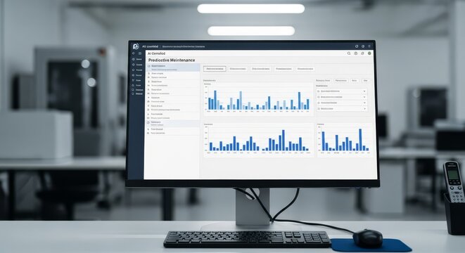 Computer monitor displaying factory production dashboard with analytics charts and graphs