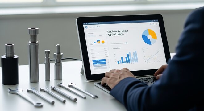 Hands typing on a laptop displaying machine learning optimization dashboard with charts and graphs