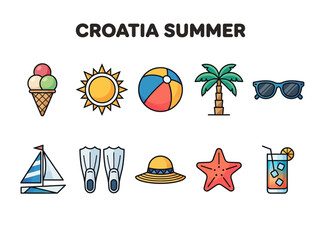 Croatia Summer Vacation Icon Set - Flat Vector Beach and Travel Elements Including Sun, Palm Tree, Sailboat and Cocktail © wafie studiio