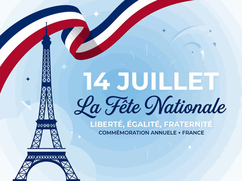 Bastille Day Celebration Illustration with Eiffel Tower and French Flag, 14 Juillet La F&ecirc;te Nationale France National Day Poster