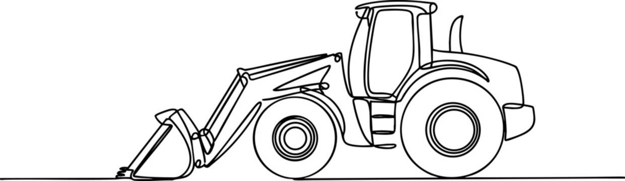 Continuous line drawing of a powerful front-end loader, heavy construction equipment used for digging and earthmoving.