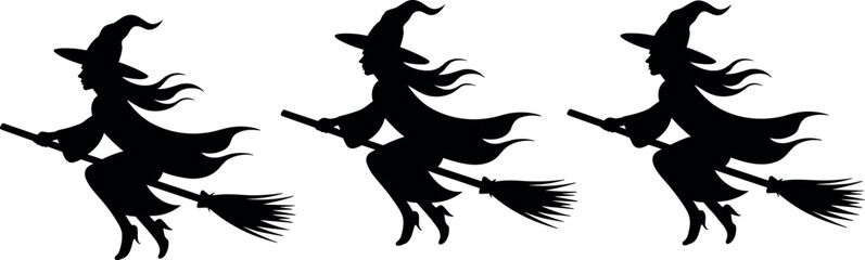 Set of black silhouettes of a witch flying on a broomstick isolated on a white background for Halloween design © Binoba