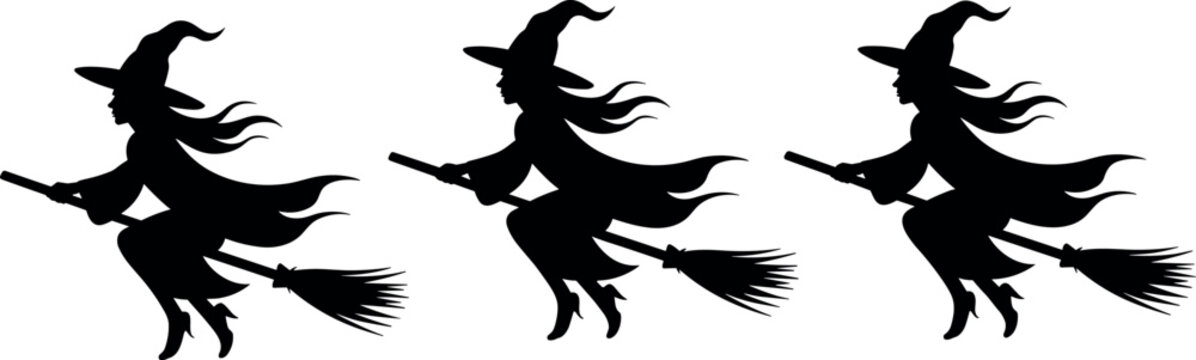 Set of black silhouettes of a witch flying on a broomstick isolated on a white background for Halloween design