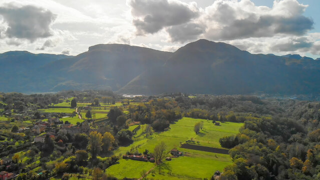 Stunning aerial panorama of Barga, Garfagnana, with clear skies and scenic landscapes