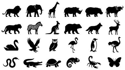 Fototapeta premium A comprehensive collection of diverse wild animal silhouettes, featuring various creatures in bold black vector illustrations perfect for design projects and educational resources