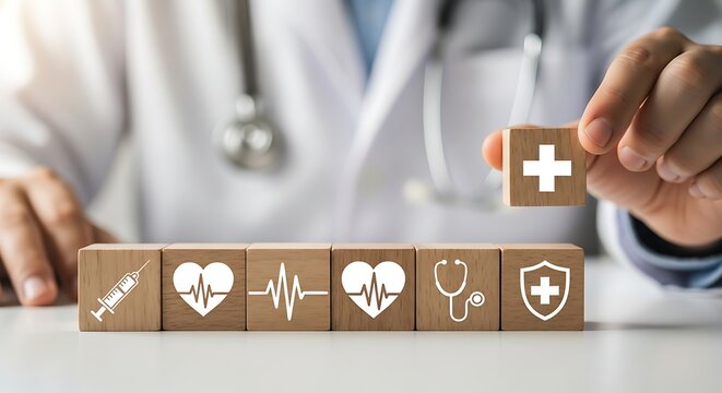 Healthcare medical icons on wooden blocks, doctor hand arranging health insurance symbols, professional medicine and wellness concept
