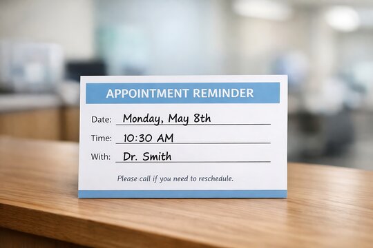 Medical Appointment Reminder Card on Desk in Clinic Waiting Area
