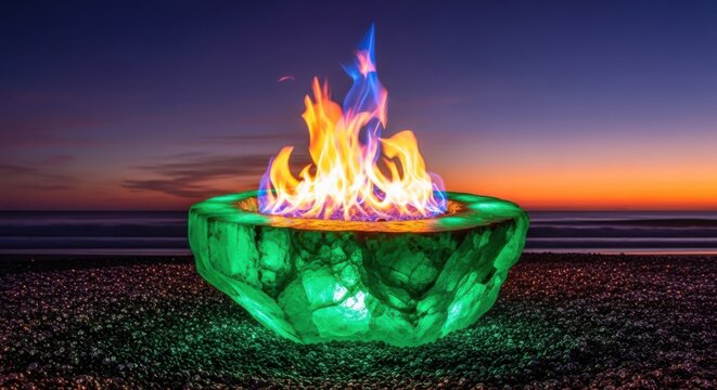 Glowing green fire pit, beach bonfire, sunset flames, outdoor fireplace