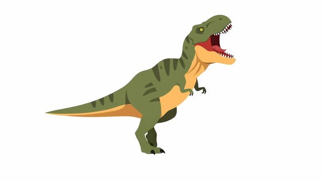 Panning tracking shot of animated tyrannosaurus rex walking across minimalist white plain with sparse grass