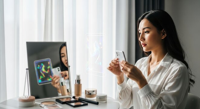 Mulher usando smartphone perto de espelho em quarto iluminado com maquiagem