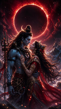 Lord Shiva and Goddess Parvati beneath celestial eclipse divine couple sacred love Hindu mythology spiritual devotion cosmic aura artistic Shiva Parvati artwork