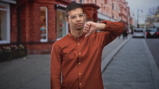 Man showing thumb down gesture in front of a red brick building on a busy city street with parked cars and blurred pedestrians; disapproval critique.