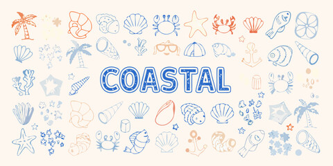 Coastal themed line drawing illustration with shells crabs and palm trees © Kanika