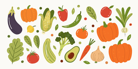 Fototapeta premium Colorful Vegetable Collection Vector Illustration With White Background