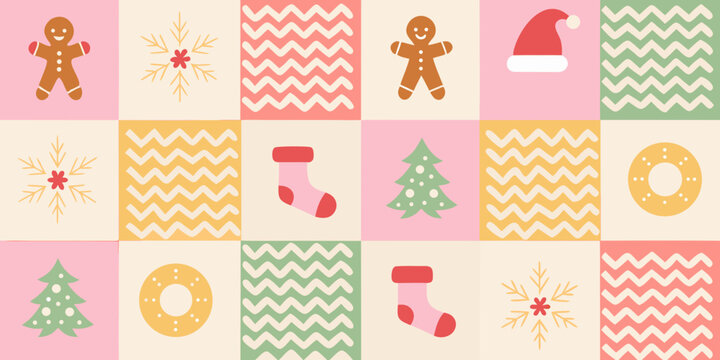 Christmas holiday pattern with gingerbread men socks and pine trees