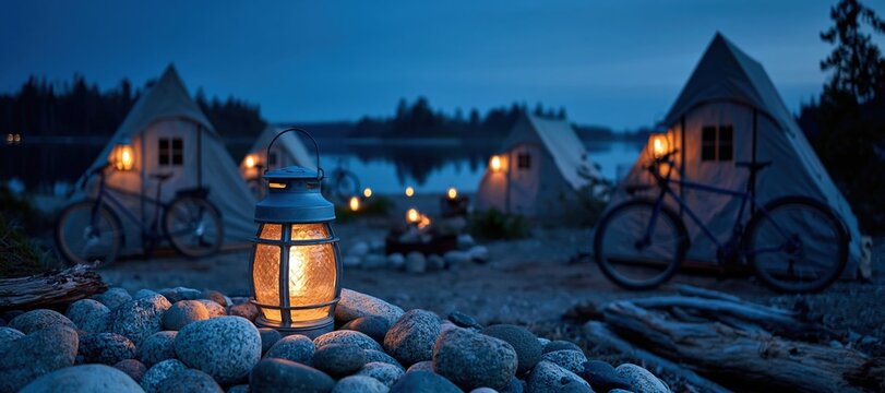 Twilight summer campground with glowing lanterns, empty tents, and parked bicycles by a lake