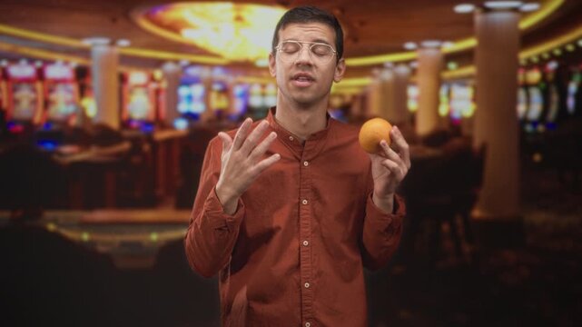 Man holding orange fruit in open right hand, wearing glasses and rust shirt, speaking in casino building with slot machines behind; curiosity.