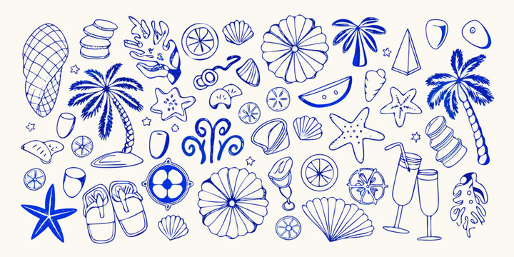 Coastal Scene Collection Blue Line Art Illustration Of Seashells Palms And Beach Items
