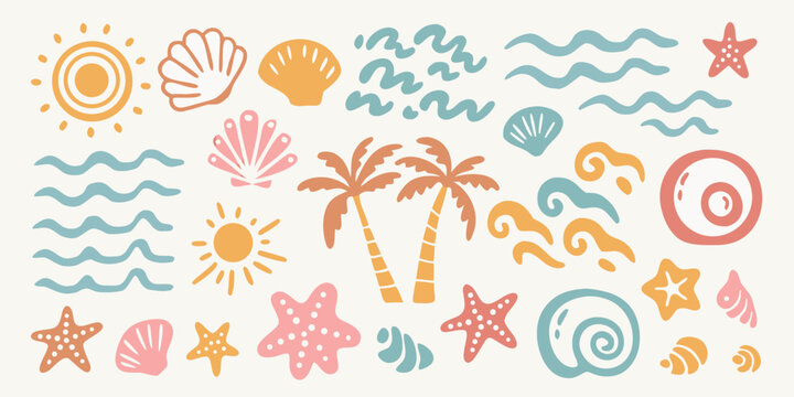 Beach Elements Illustration With Seashells Palm Trees And Waves
